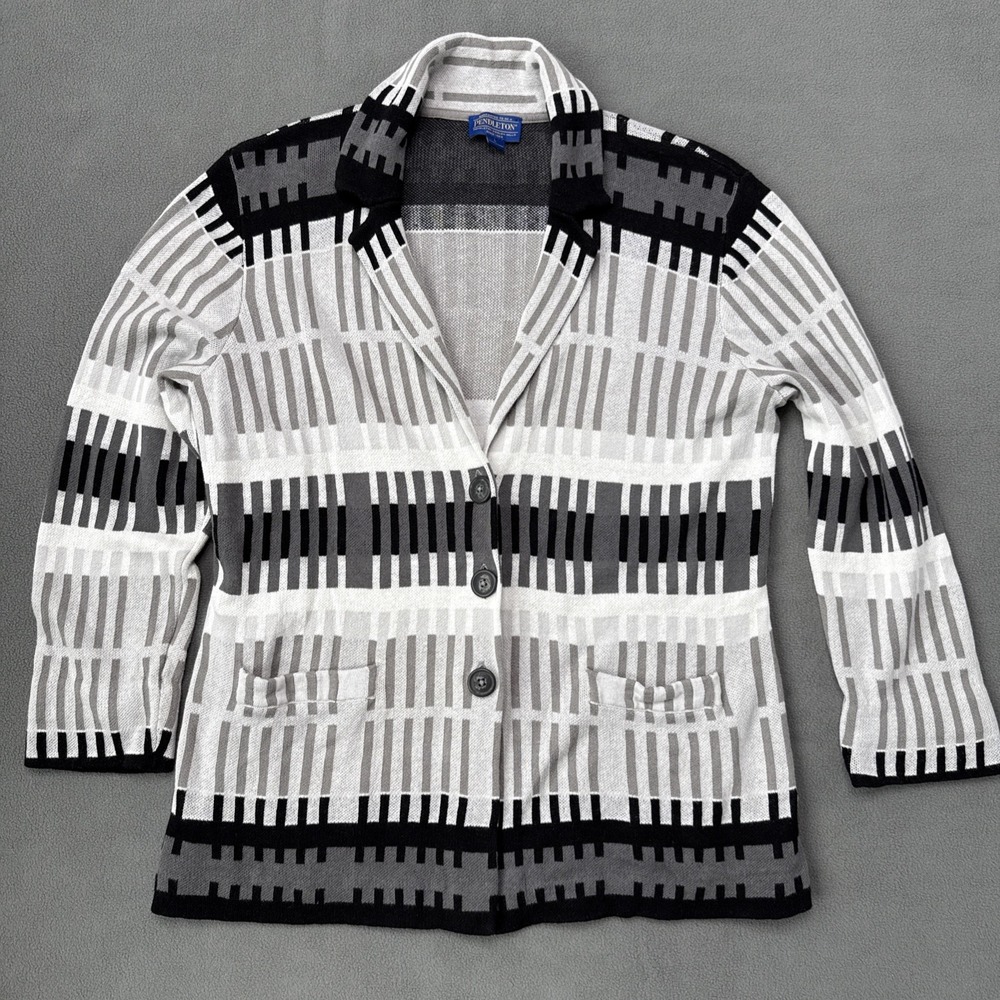 Pendleton Cardigan Womens Large Gray White‎ Geometric Linen Cotton Hemmed READ
